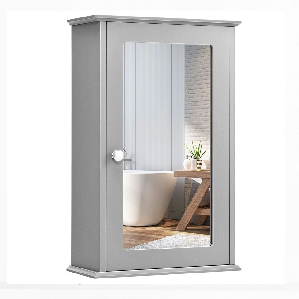 image 1 of COSTWAY Bathroom Mirror Cabinet Wall Mounted Storage Grey Grey