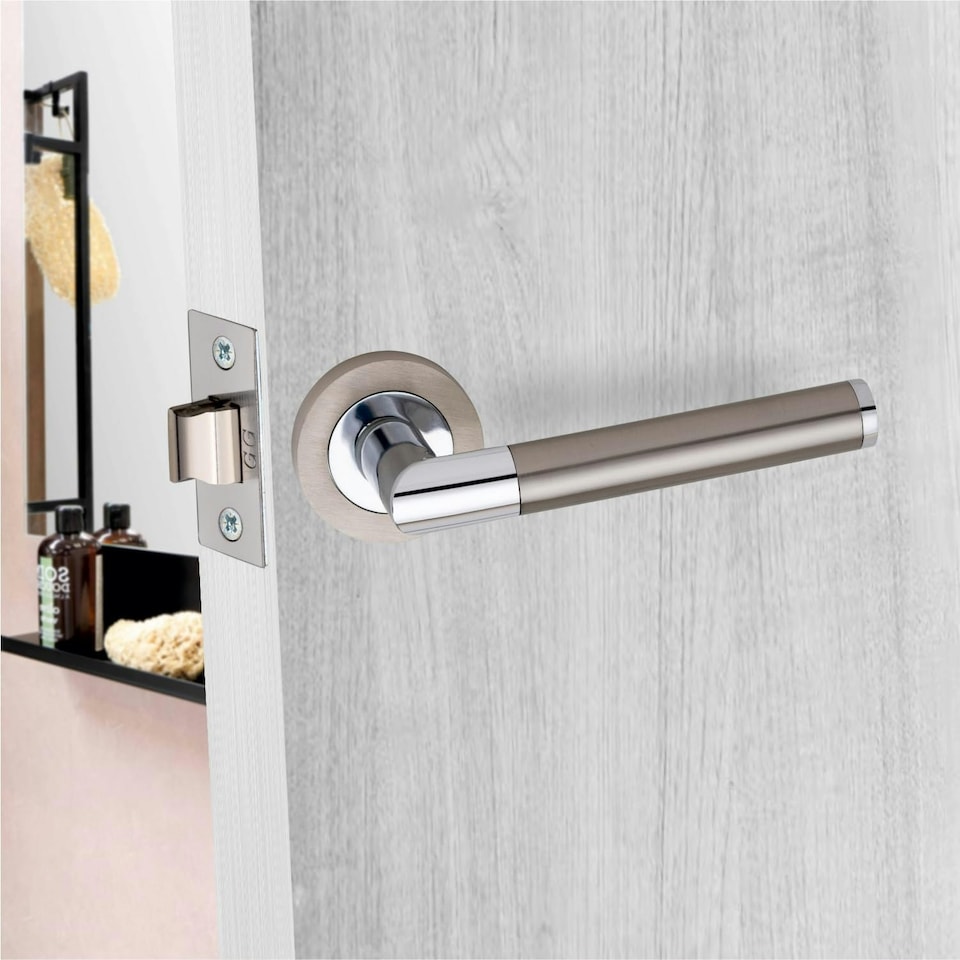 image 1 of Golden Grace Mitred Design Bathroom WC Toilet Door Handles Set on Round Rose in Satin Nickel Polished Chrome Finish with 64mm Mortise Lock and Thumbturn | Grey | 1 Set