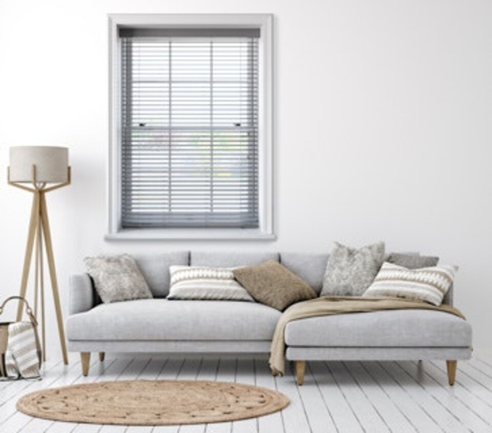 image 1 of 60cm Light Grey Faux Wood Venetian Blind With Strings 160cm Drop | Grey | Grey