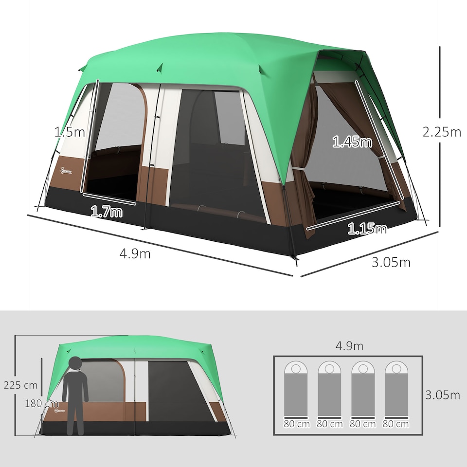 image 1 of Outsunny Camping Tent with 3000mm Waterproof Rainfly & Screen Panels, Green