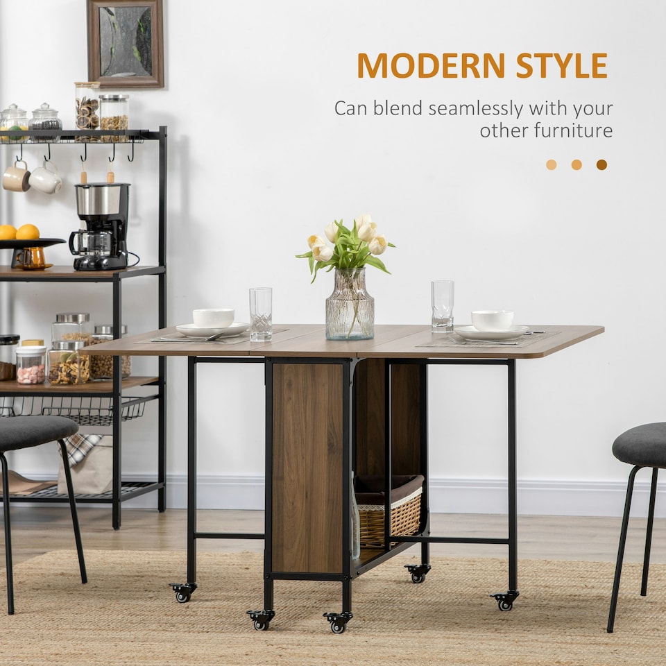 image 1 of HOMCOM Mobile Drop Leaf Dining Table on Wheels with Shelf Light Brown