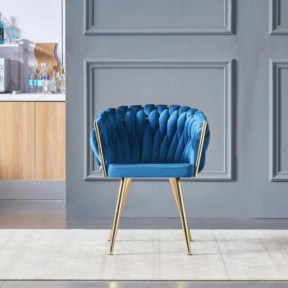 image 1 of Single Roma Knot Velvet Armchair with Gold Metal Legs, Modern Tufted Design for Living Room Blue