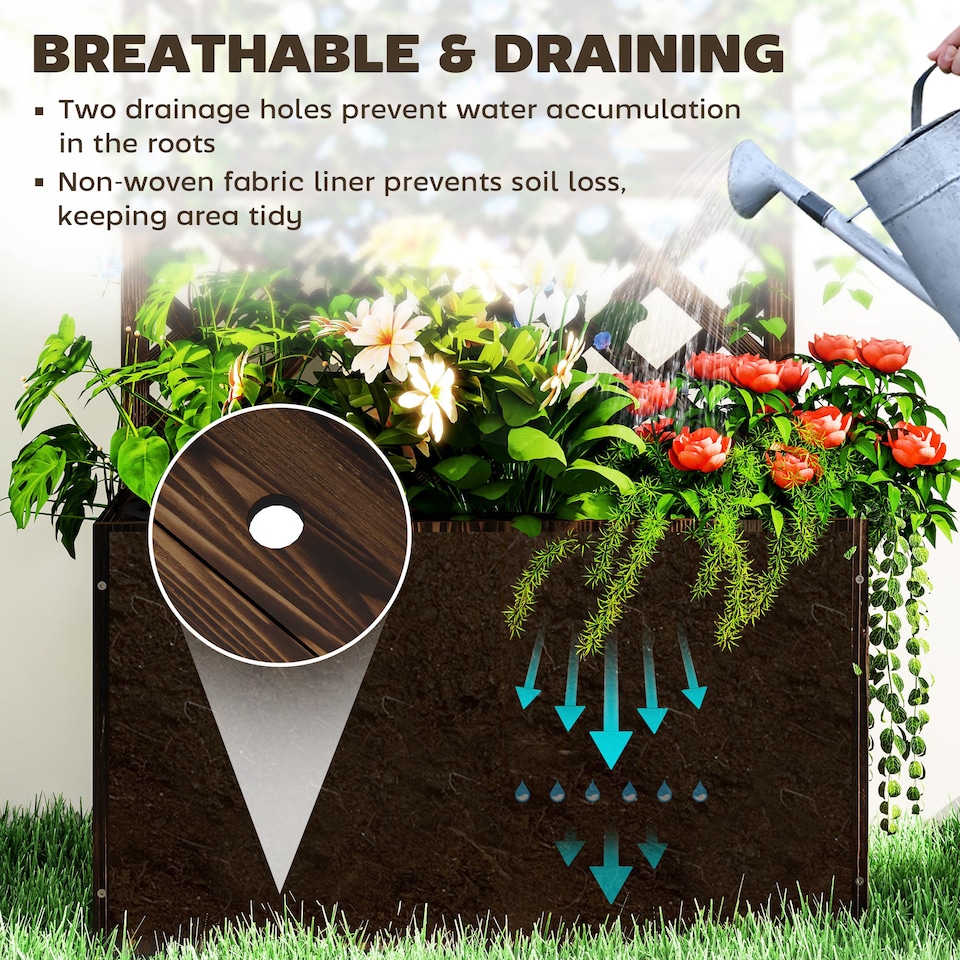 image 1 of Outsunny Wooden Planter with Trellis and Drainage Holes | Brown | Carbonised finish