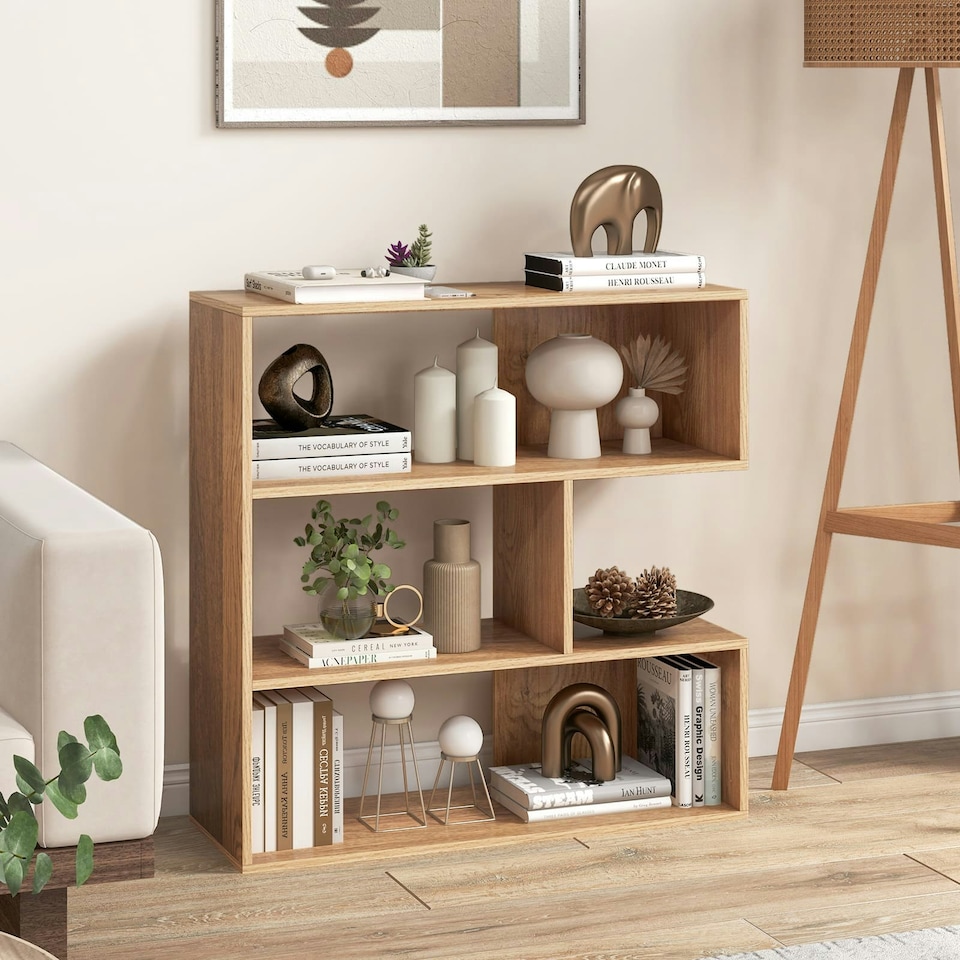 image 1 of COSTWAY 3-tier Bookshelf Concave Open Back Bookcase Brown
