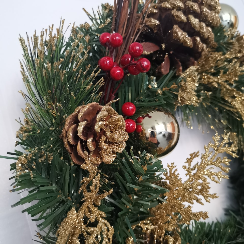 image 1 of 40cm Gold Dressed Christmas Wreath, Baubles, Pinecones and Berries