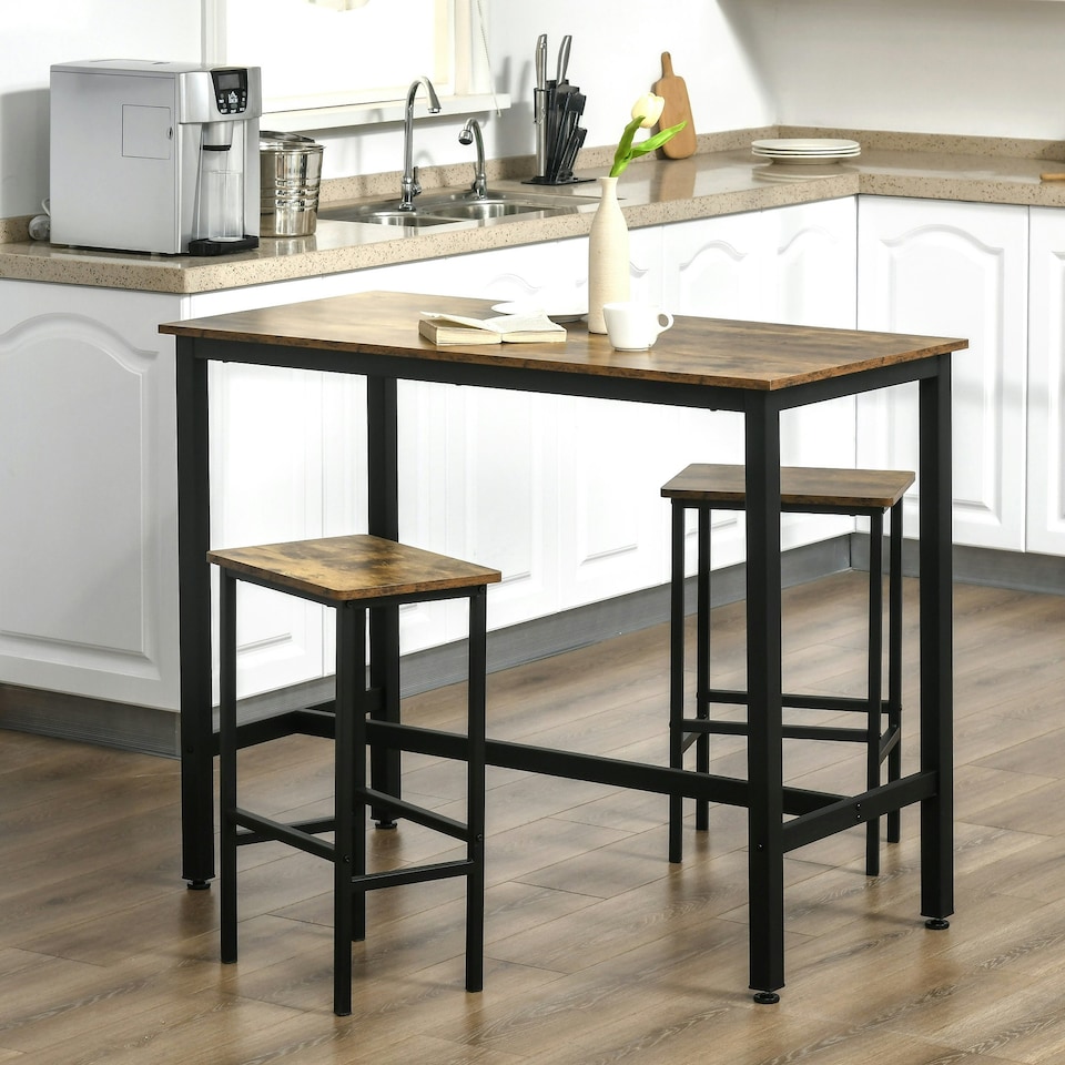 image 1 of HOMCOM 3-Piece Industrial Bar Table Set, Table and 2 Chairs Rustic Brown