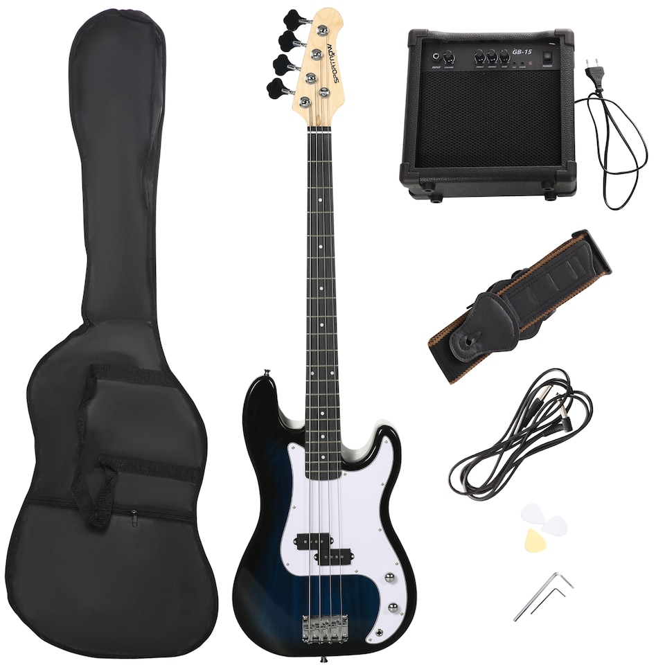 image 1 of SPORTNOW 4 String Electric Bass Guitar, Full Size for Beginner, Right Hand with Amp, Cable, Guitar Bag, Shoulder Strap, Picks, Wrench, Blue