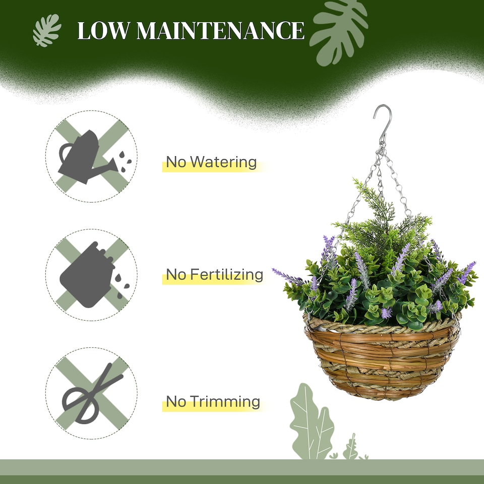 image 1 of Outsunny Pack of 2 FauPlant Artificial Lavender Flowers Hanging Planter with Basket for Indoor Decoration, Purple