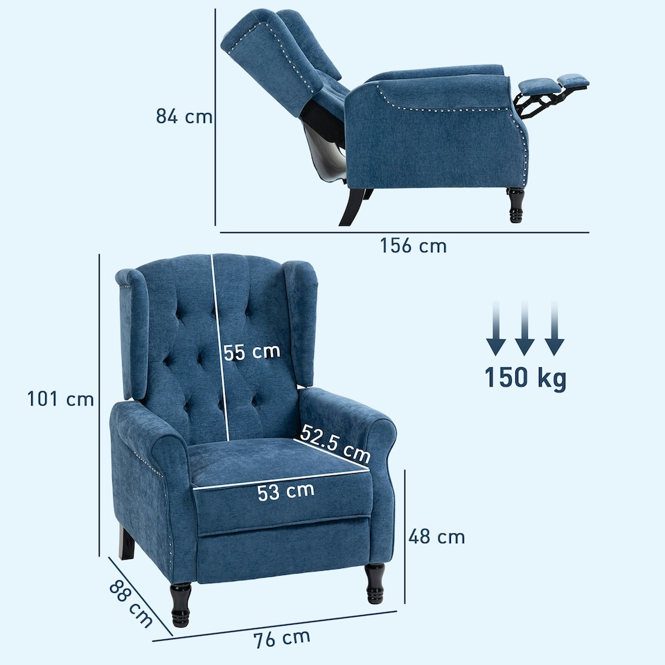 image 1 of HOMCOM Manual Reclining Armchair Recliner with Footrest Royal Blue Blue