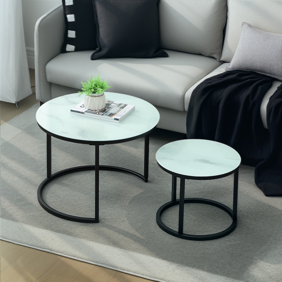 image 1 of HOMCOM Glass Coffee Table Set of 2, Round Nest of Tables, White | White | White