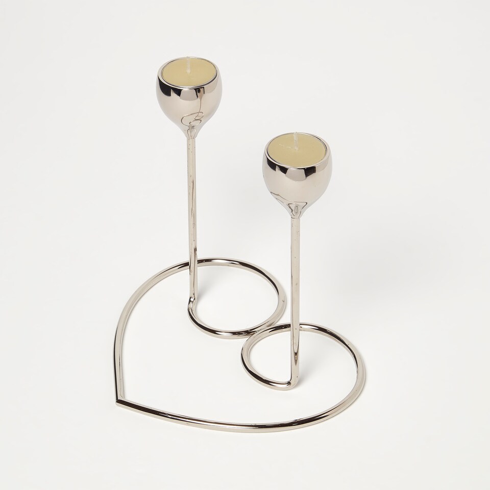 image 1 of Homescapes Dual Brass Heart Dinner Candle Holder – Polished Silver