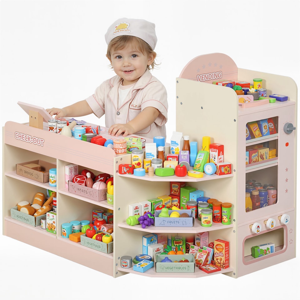 image 1 of AIYAPLAY Kids Grocery Store, Pretend Play Shop with Cash Register, Vending Machine, Display Shelves and Play Food Accessories, Children Supermarket Playset