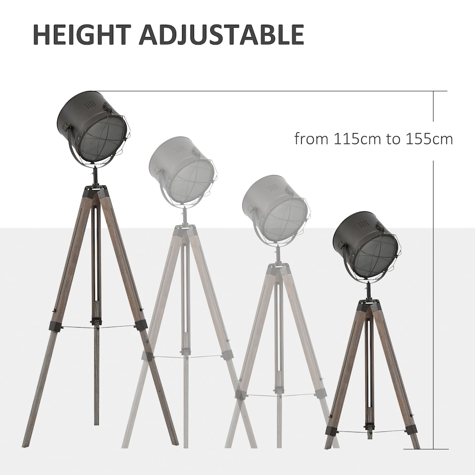 image 1 of HOMCOM Floor Lamp with Adjustable Tripod for Living Room Bedroom, Vintage Spotlight Reading Lamp with Wood Legs, 115155cm, Grey
