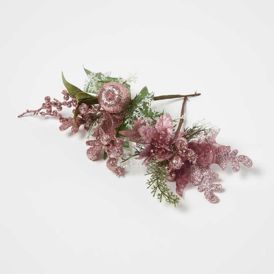 image 1 of Homescapes Pink Glitter Berry and Apples Christmas Decorations, Set of 2