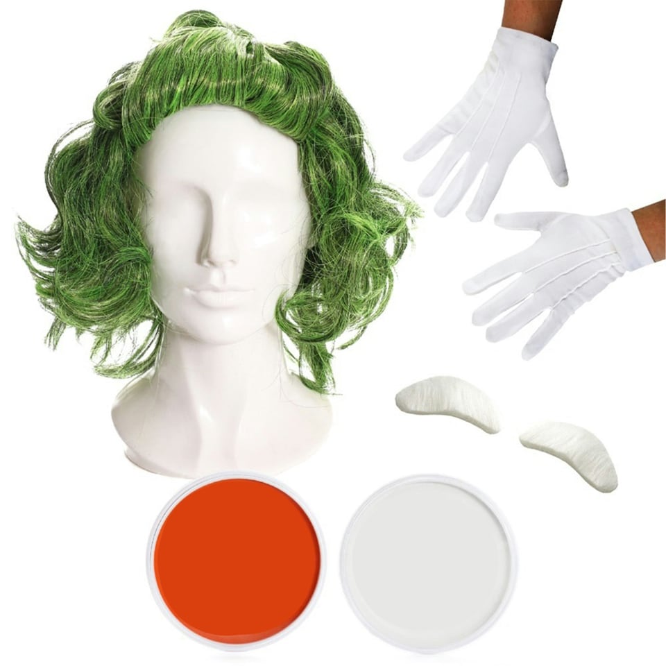 image 1 of Factory Worker Accessory Set - Wig, Face Paint, Gloves & Eyebrows Green | One Size