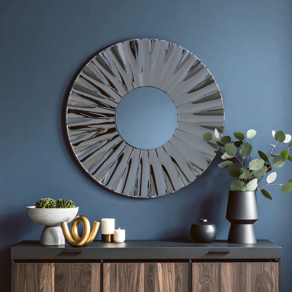 image 1 of Interiors by Premier Round Grey Wall Mirror, Modern Radial Design Decorative Wall Mirror, Grey Mirrored Sunburst Frame, Mirror Grey