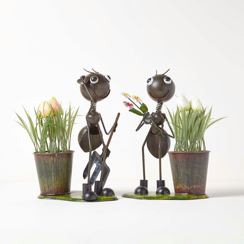 image 1 of Homescapes Metal Ant with Bouquet and Flower Pot - 32 cm Tall