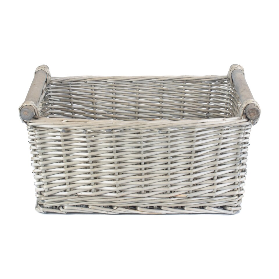 image 1 of Large Grey Wash Wooden Handled Storage Basket | Grey | Grey