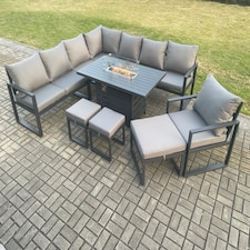 Fimous Aluminium Lounge Corner Sofa Outdoor Garden Furniture Sets Gas Fire Pit Dining Table Set with Chair 3 Footstools Dark Grey