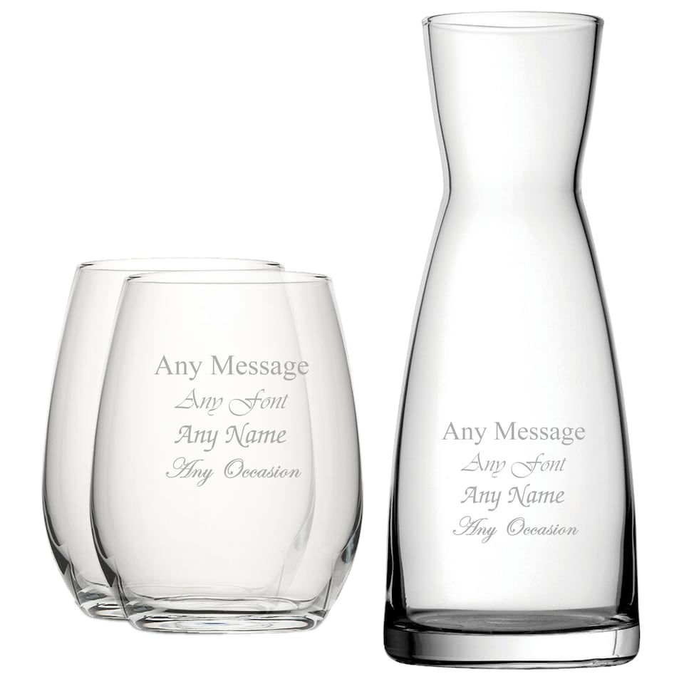 image 1 of Personalised Engraved 2 Stemless Wine Glass Contemporary Carafe Set