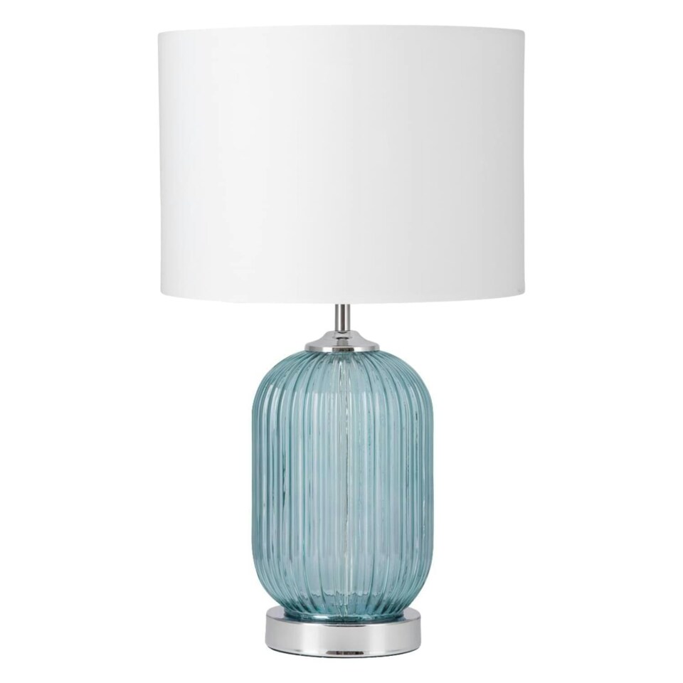 image 1 of First Choice Lighting Set of 2 Turquoise Ribbed Glass Lamps with White Shades Chrome | White