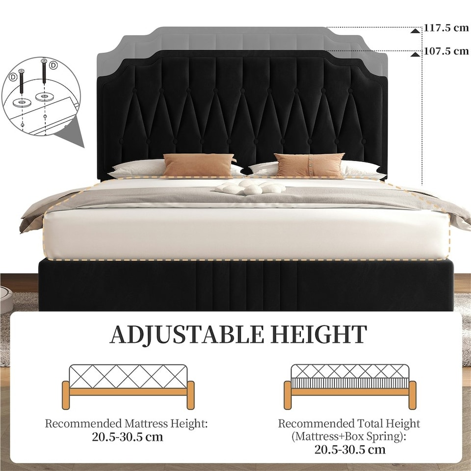 image 1 of Yaheetech 5ft King Upholstered Bed Frame with Button-Tufted Headboard Black