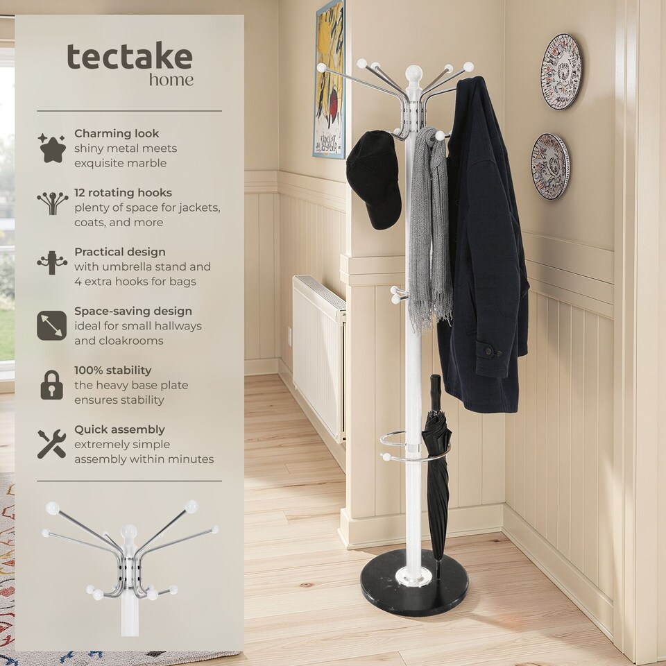 image 1 of Coat Stand - 16 hooks, with umbrella and bag holder | White | white | One Size | 1