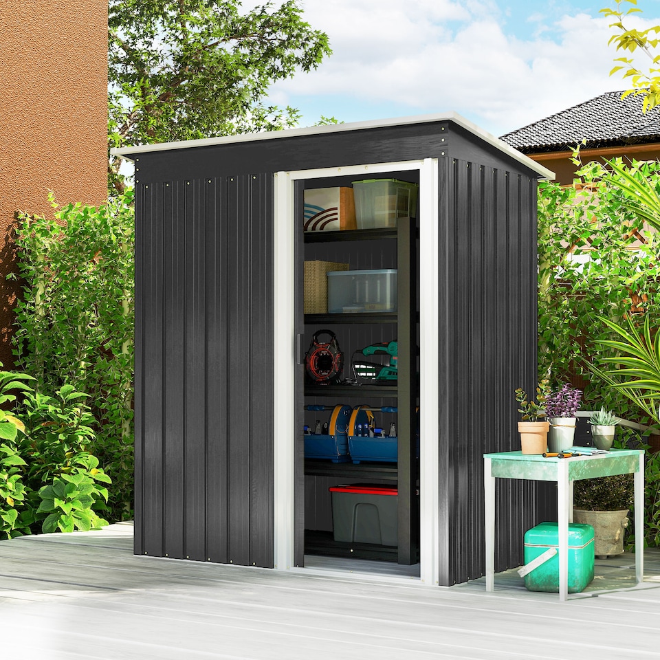 image 1 of Outsunny 5 x 3ft Garden Storage Shed with Sliding Door and Sloped Roof, Lean to Outdoor Equipment Tool Shed for Garden, Black