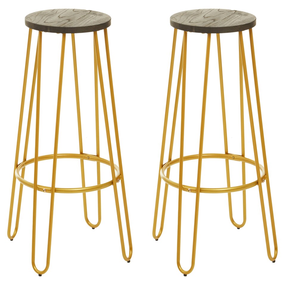 image 1 of Interiors by Premier Set of 3 Gold Frame Bar Table Stool Set , Hairpin Stool for Kitchen Counter, Elm Wood Metal Frame Stool