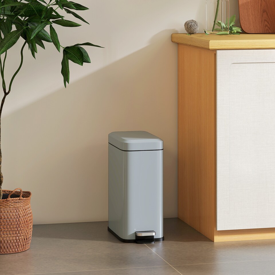 image 1 of HOMCOM 5L Rectangular Compact Bin Steel Body Removable Bucket Quiet-Close Lid w Pedal Lid Rubbish Trash Can Home Office Bedroom Bathroom Living Room Garbage Tidy Clean Grey | Grey | 1