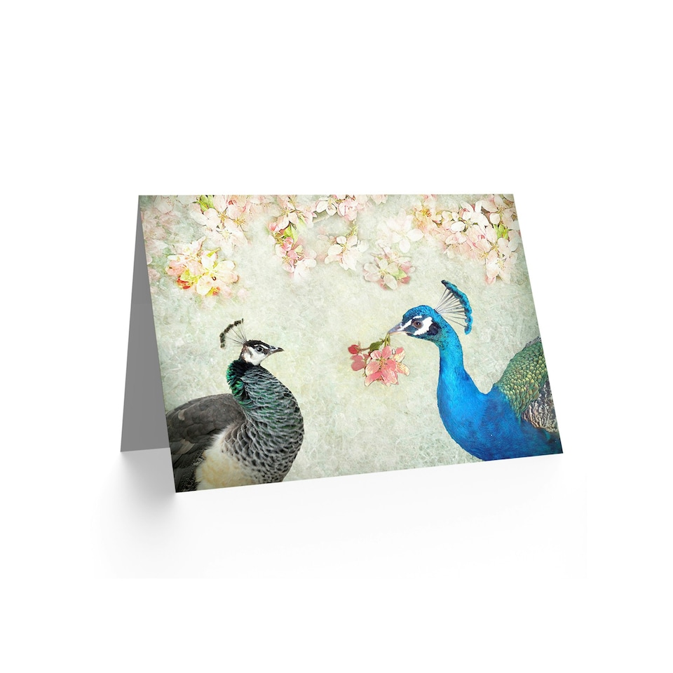 image 1 of Elegant Peacock Birds in Flower Blooming Garden Floral Greeting Card
