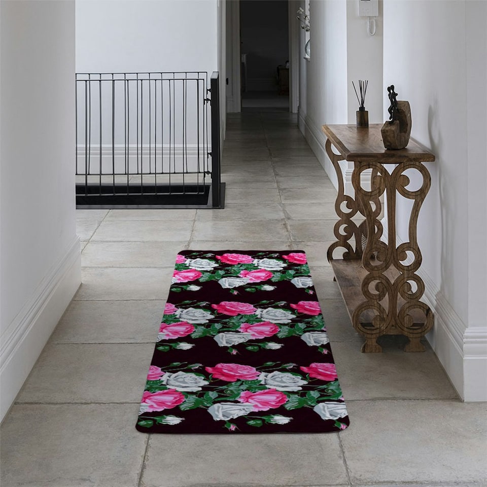 image 1 of Pattern of Pink and White Flowers (Runner Rug) Black