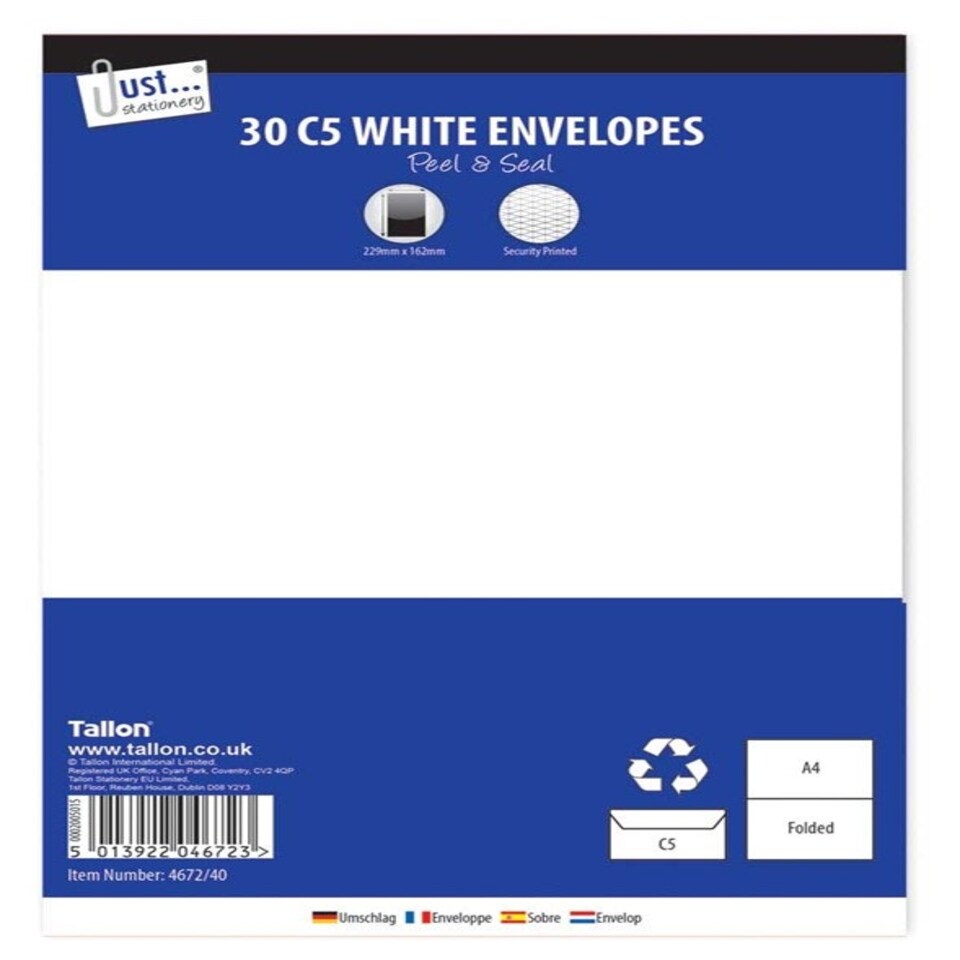 Tallon Just Stationery C5 Peel & Seal Envelopes - White (Pack of 30)