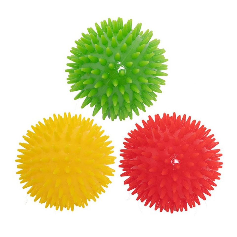 image 1 of Pack of 3 Spikey Rubber Pet Balls Toy Dog Puppy Fetch Catch Play Indoor Outdoor Squeaky TPR Teething Chew Interactive