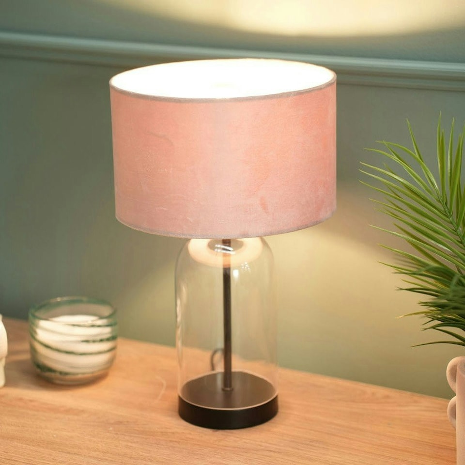 image 1 of ValueLights Jessy Glass and Black Metal Bedside Table Lamp with a Blush Pink Velvet Lampshade - Bulb Included Pink