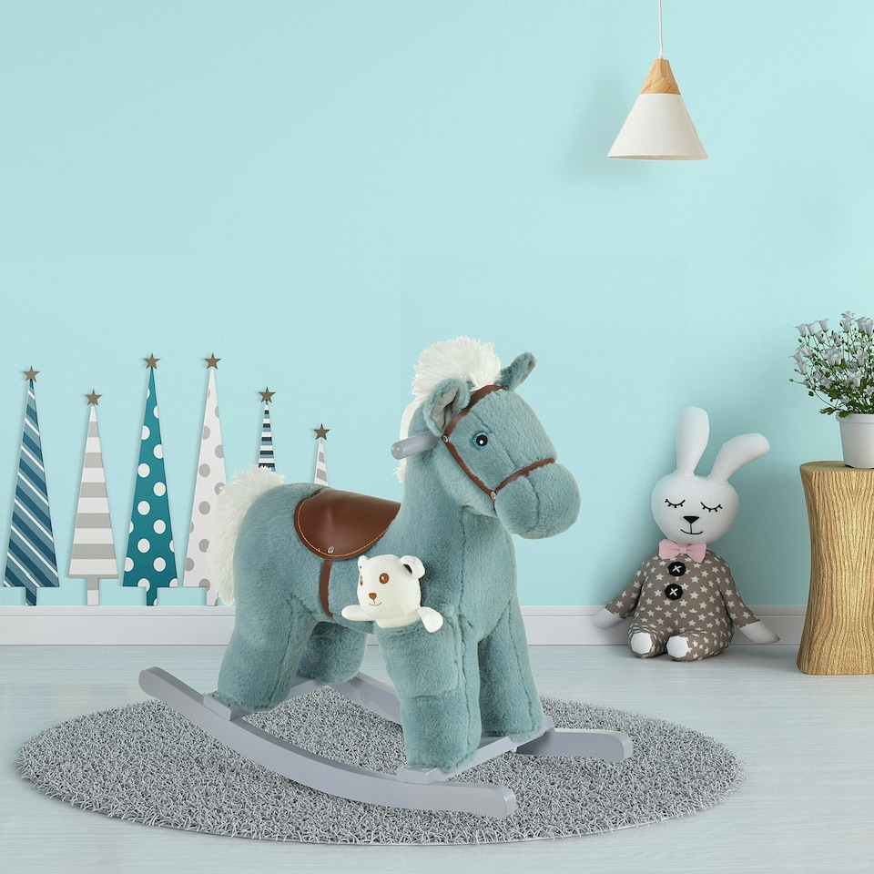 image 1 of HOMCOM Kids Plush Ride-On Rocking Horse with Plush Toy Sound Handle Grip