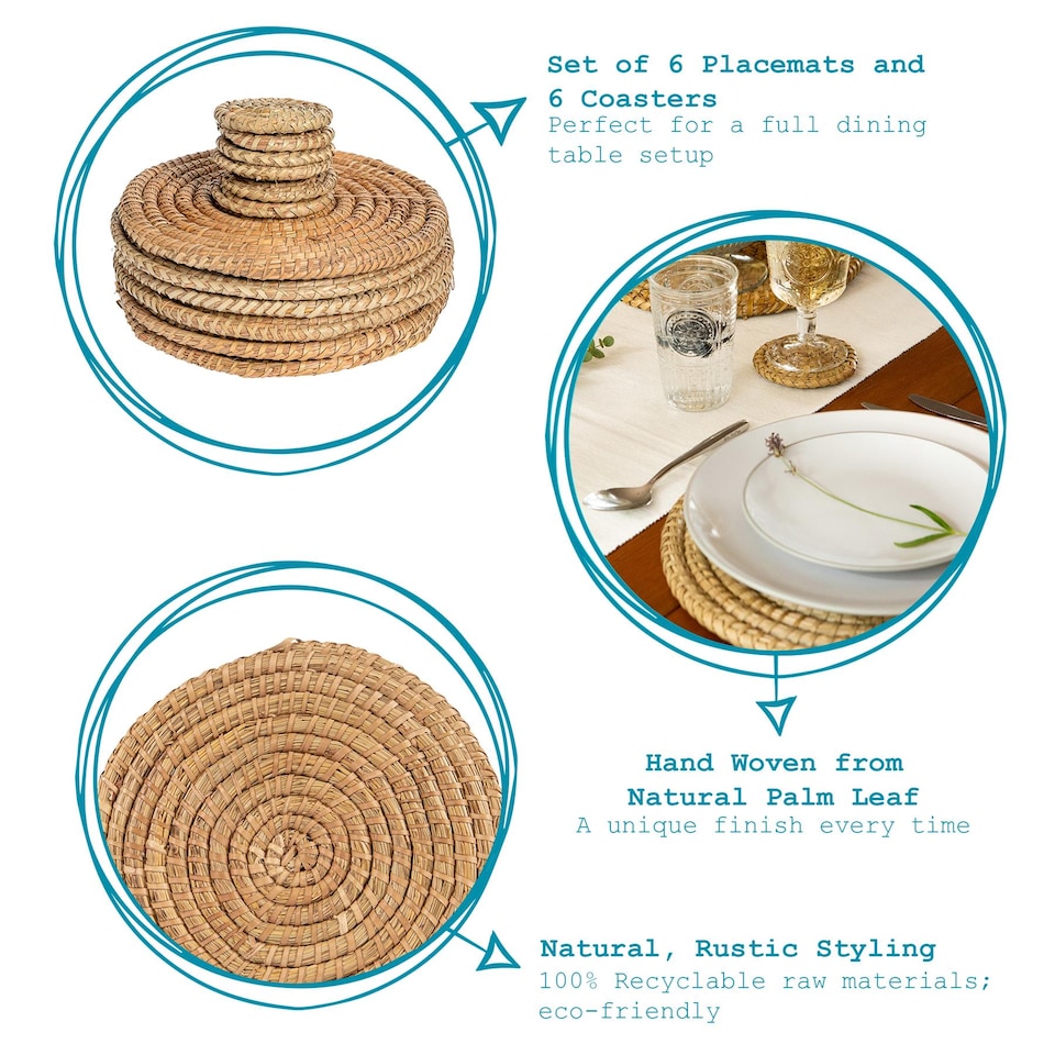 image 1 of Argon Tableware 12 Piece Round Woven Palm Leaf Placemats & Coasters Set | Brown | Brown