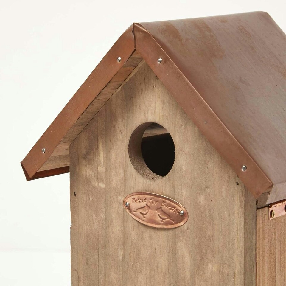 image 1 of Homescapes Real Wood Great Tit Bird Box House with Copper Roof | Brown