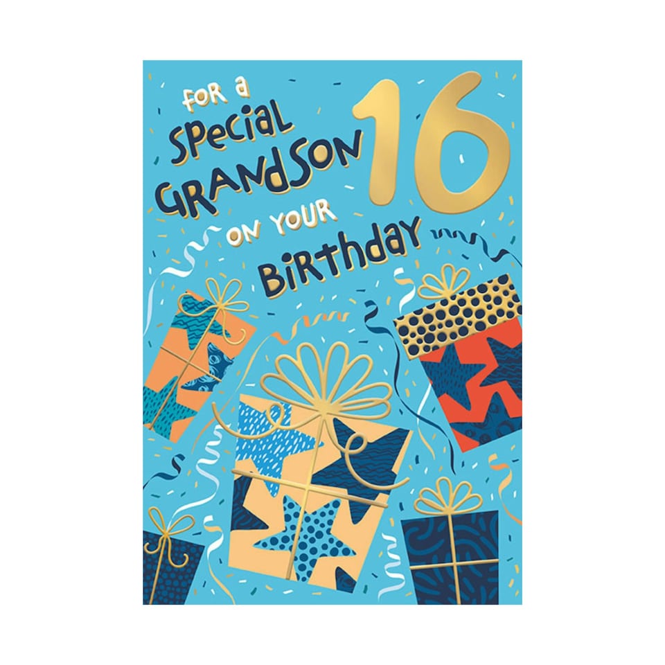 image 1 of Words 'n' Wishes 16th Birthday Card for Grandson, Patterned & Foiled Letters With Presents, Multicoloured, 23.5 x 16.5 cms