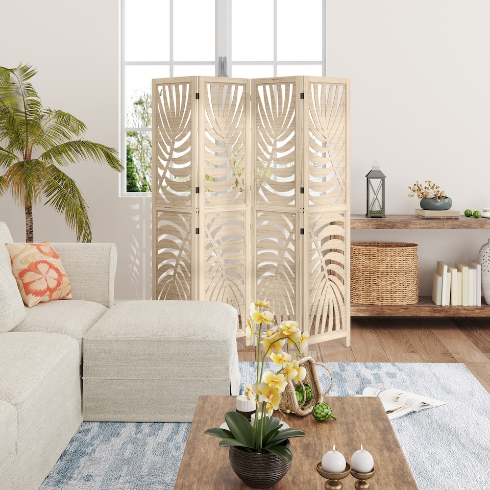 image 1 of HOMCOM 4 Panel Privacy Screens with Palm Leaf Design, Natural Wood Finish