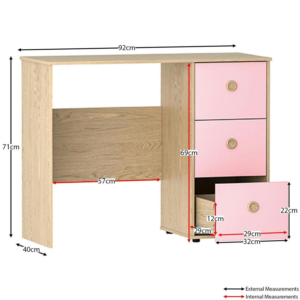 image 1 of Junior Vida Neptune 3 Drawer Desk Computer Desk Home Workstation, Pink & Oak