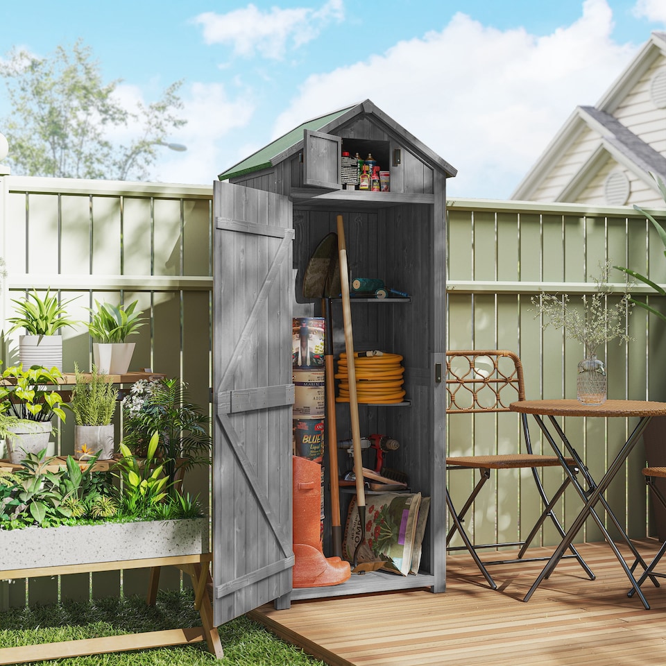 image 1 of Outsunny Wooden Garden Shed, Utility Outdoor Small Shed with Lockable Double Doors, Shelves and Roof Hatch, Grey