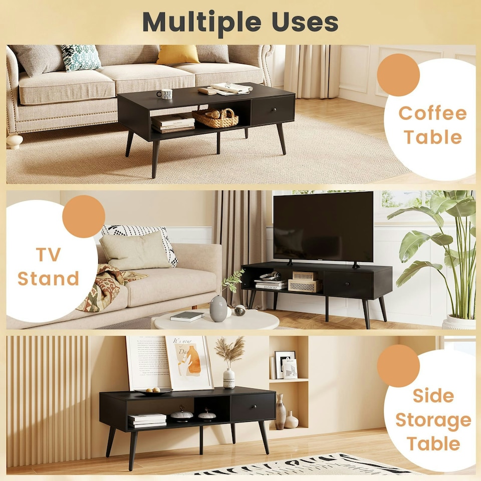 image 1 of COSTWAY 109 CM Coffee Table with Drawer and Storage Shelf Black Black