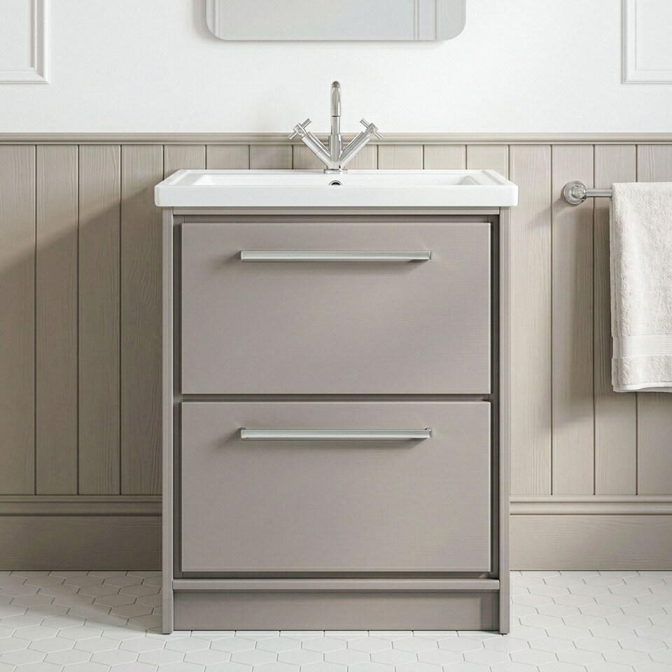 image 1 of Balterley Modern Bathroom Floor Standing 2-Drawer Vanity Unit with Fireclay Basin - 1 Tap Hole | Grey | Pebble Grey | 1