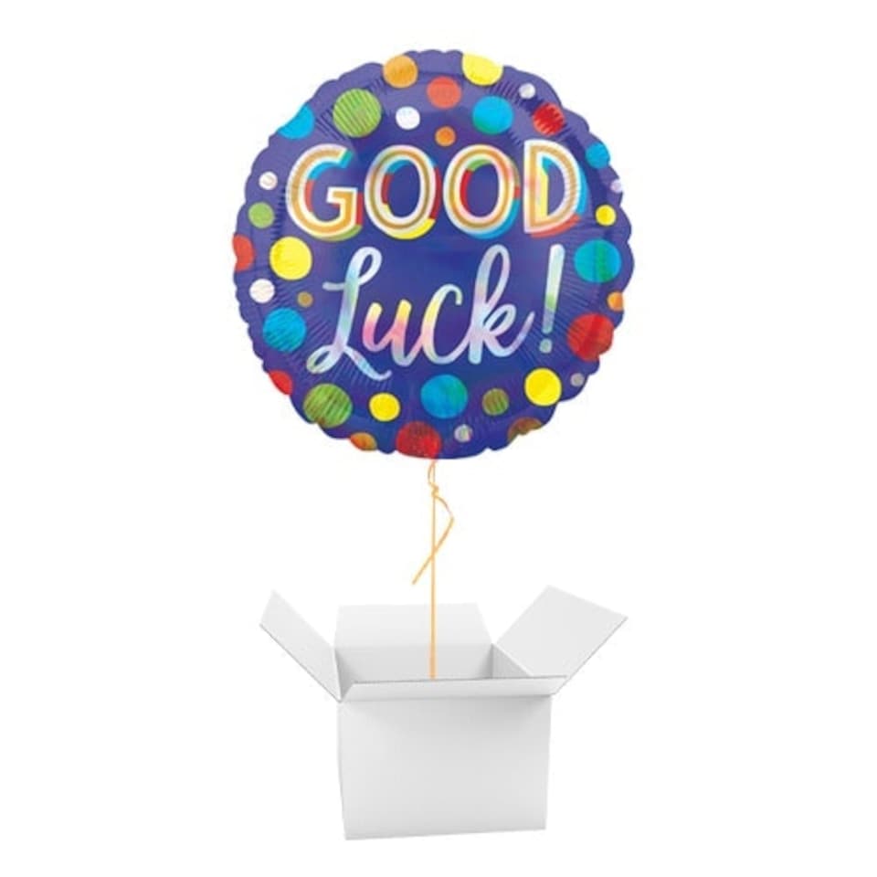 Good Luck! Iridescent Dots Holographic Round Foil Helium Balloon - Inflated Balloon in a Box