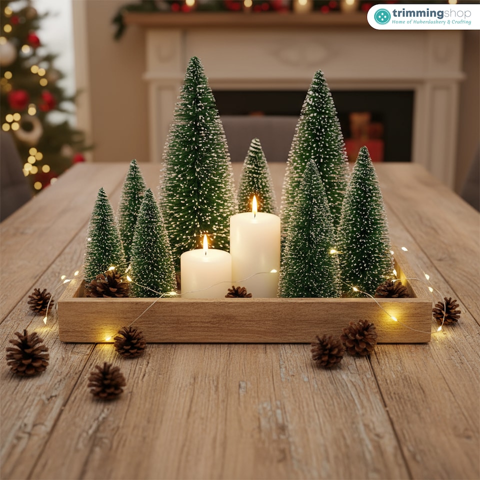 image 1 of Miniature Christmas Trees with Wooden Base for Xmas Village - 8pcs