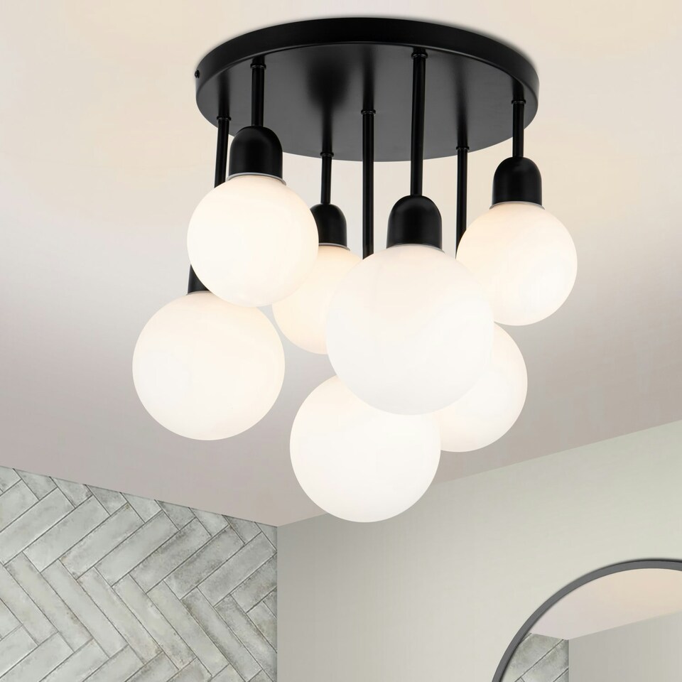 image 1 of COSYLYTE Broome Bathroom 7 Light Modern Opal Glass Ceiling Light - Matt Black Black