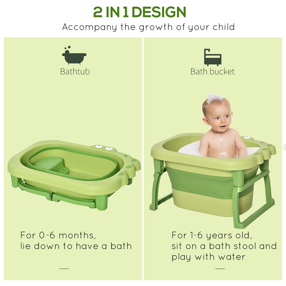 image 1 of HOMCOM Foldable Baby Bathtub for Newborns Infants Toddlers w/ Stool - Green