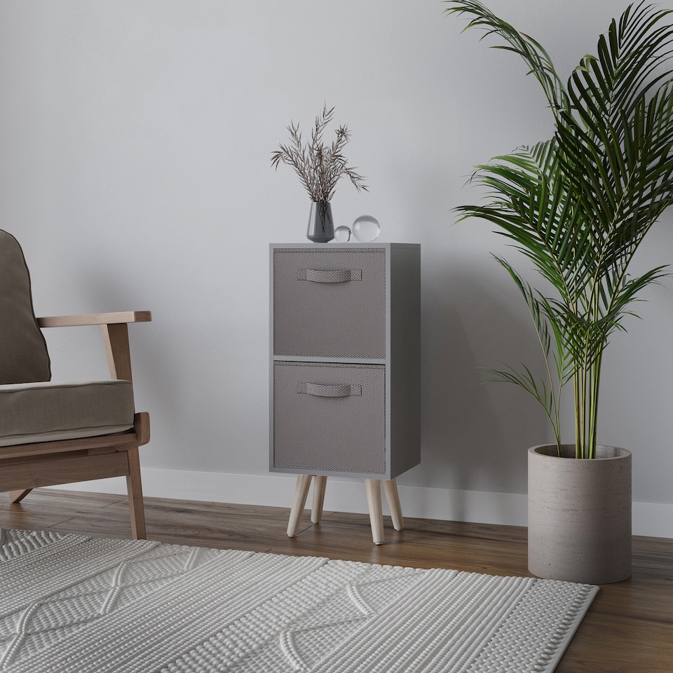 image 1 of Grey 2-Tier 2-Drawer Cube Shelving Unit with Scandinavian Legs | Grey | Grey & Pine | 1