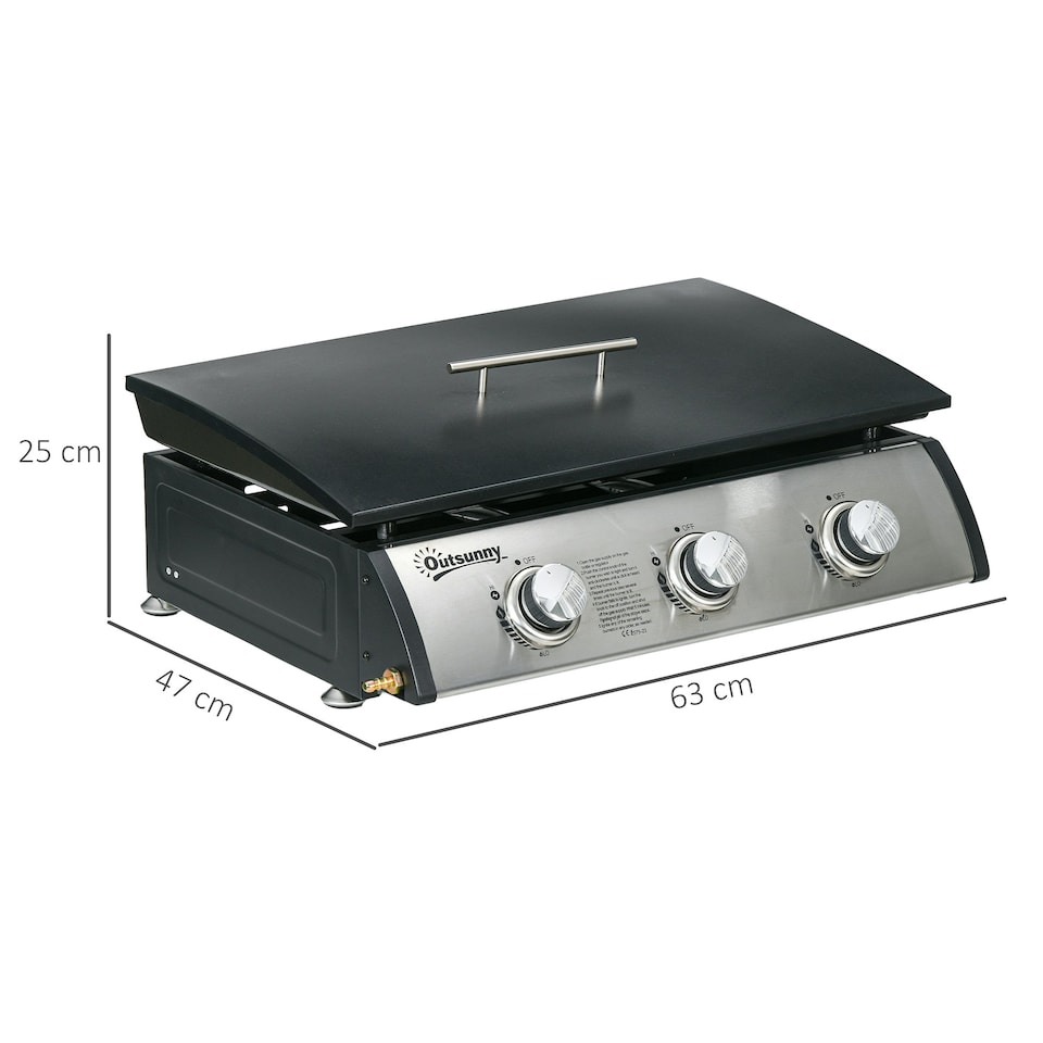 image 1 of Outsunny Portable Gas Plancha BBQ Grill with 3 Burners, Non-Stick Griddle, Lid